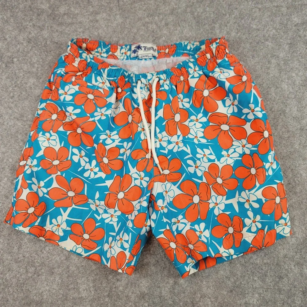 Trunks Surf & Swim Co Men Blue Orange Floral Swim Trunks Size Medium Mesh Lining